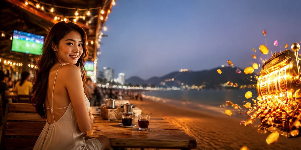 Người chơi slot game tại Vũng Tàu với ly cà phê trên tay